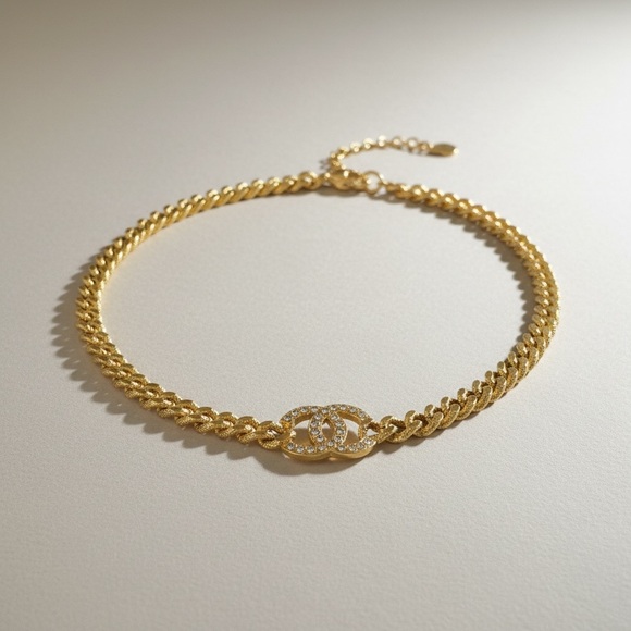 CHANEL Gold CC Chain Choker Necklace OS Crystal Logo Made in France - Picture 10 of 10